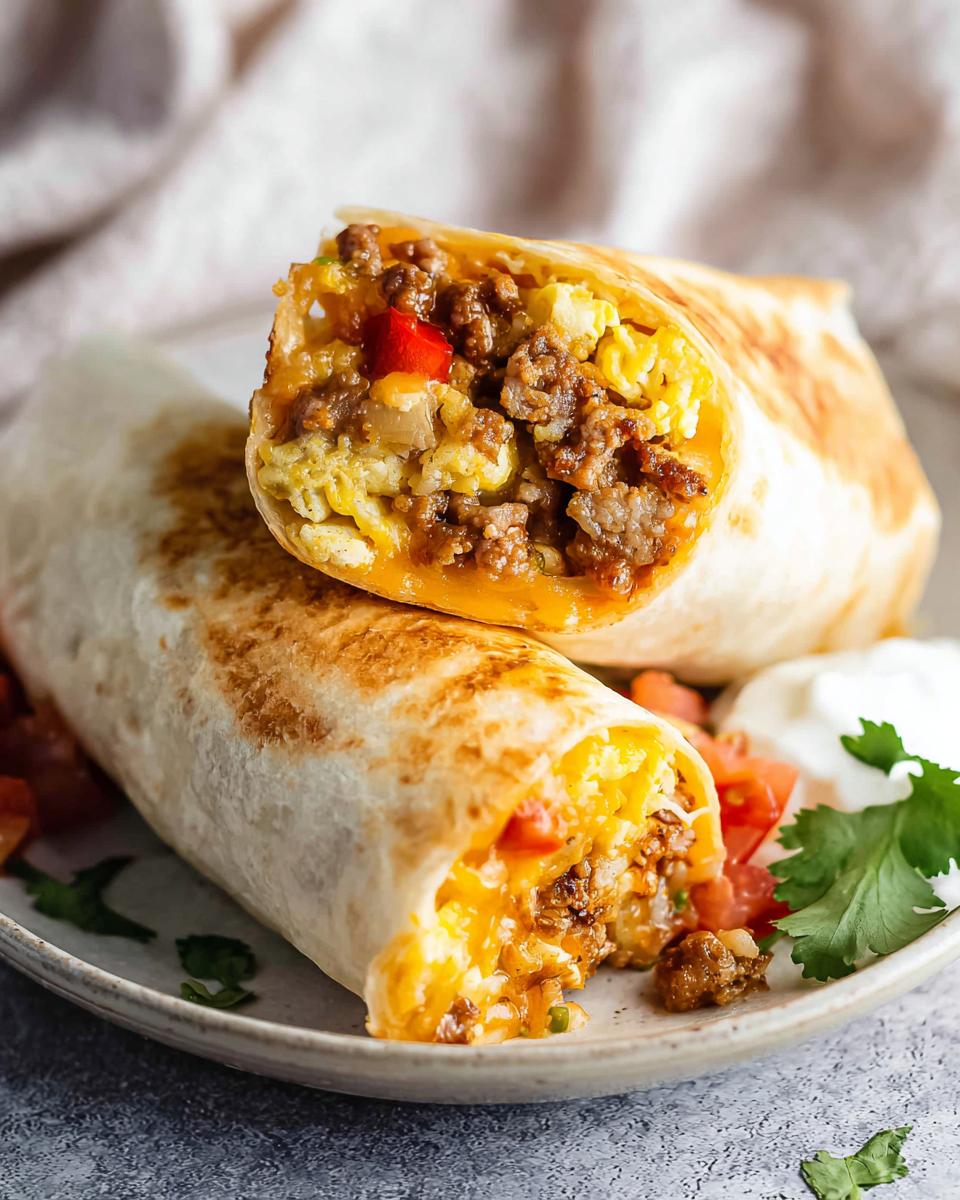 Close-up of two halves of a tasty freezer breakfast burrito filled with sausage, scrambled eggs, and cheese.