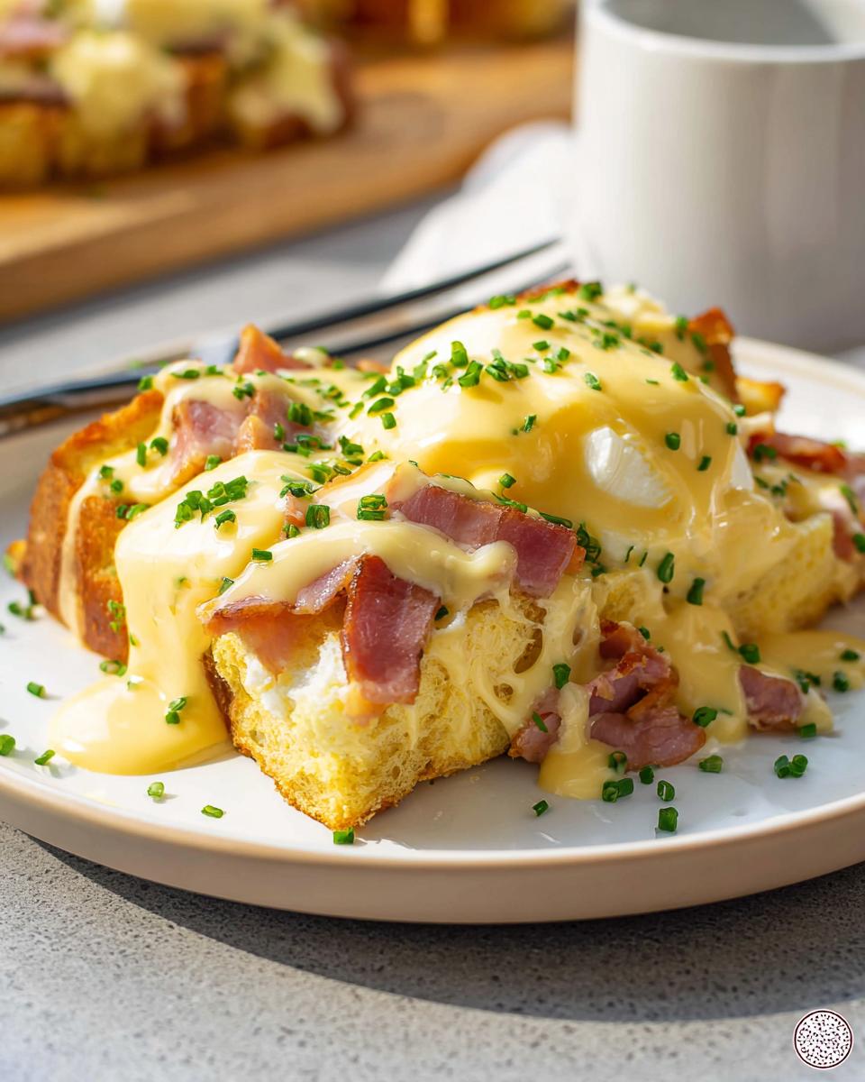A delicious slice of Easy Eggs Benedict Casserole topped with ham, poached eggs, and rich hollandaise sauce, garnished with chives.