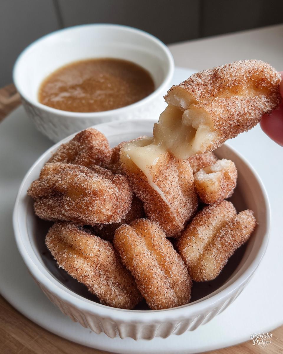 Close-up of fluffy air fryer churro bites coated in cinnamon sugar, with one bite being pulled apart to reveal a gooey center, next to a bowl of caramel dip.