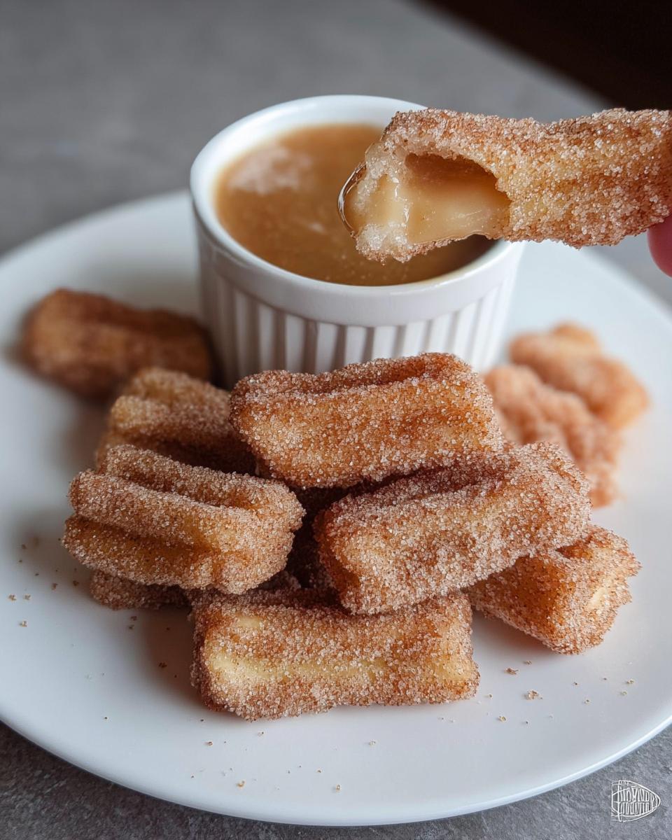 A hand dips a fluffy air fryer churro bite into a ramekin of caramel sauce.