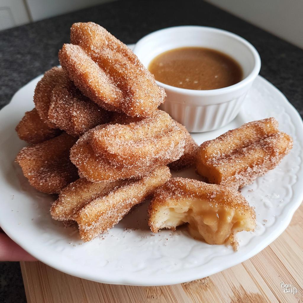 A pile of fluffy air fryer churro bites coated in cinnamon sugar, with a small bowl of caramel dip.