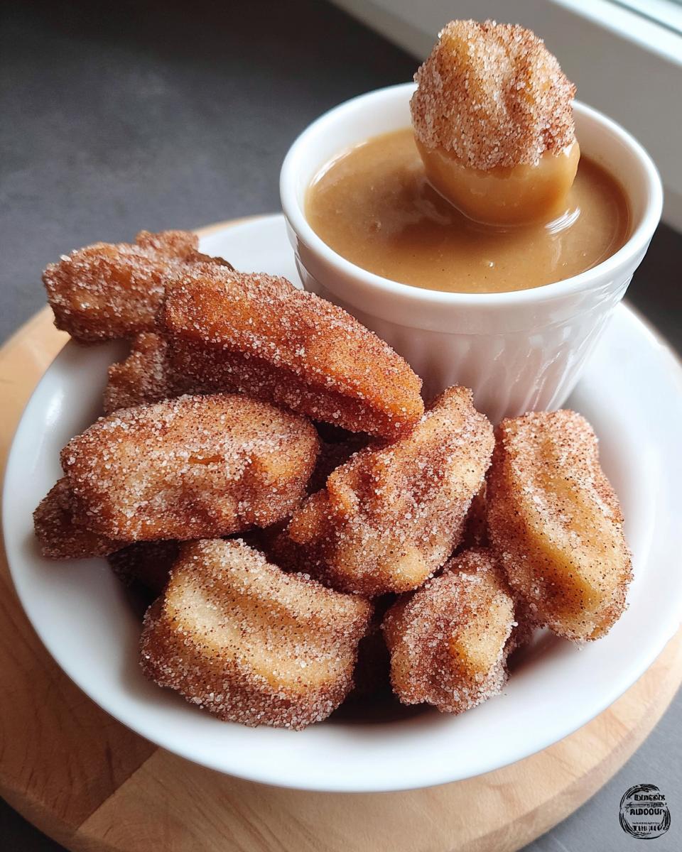 A bowl of fluffy air fryer churro bites coated in cinnamon sugar, with one bite being dipped into a caramel sauce.