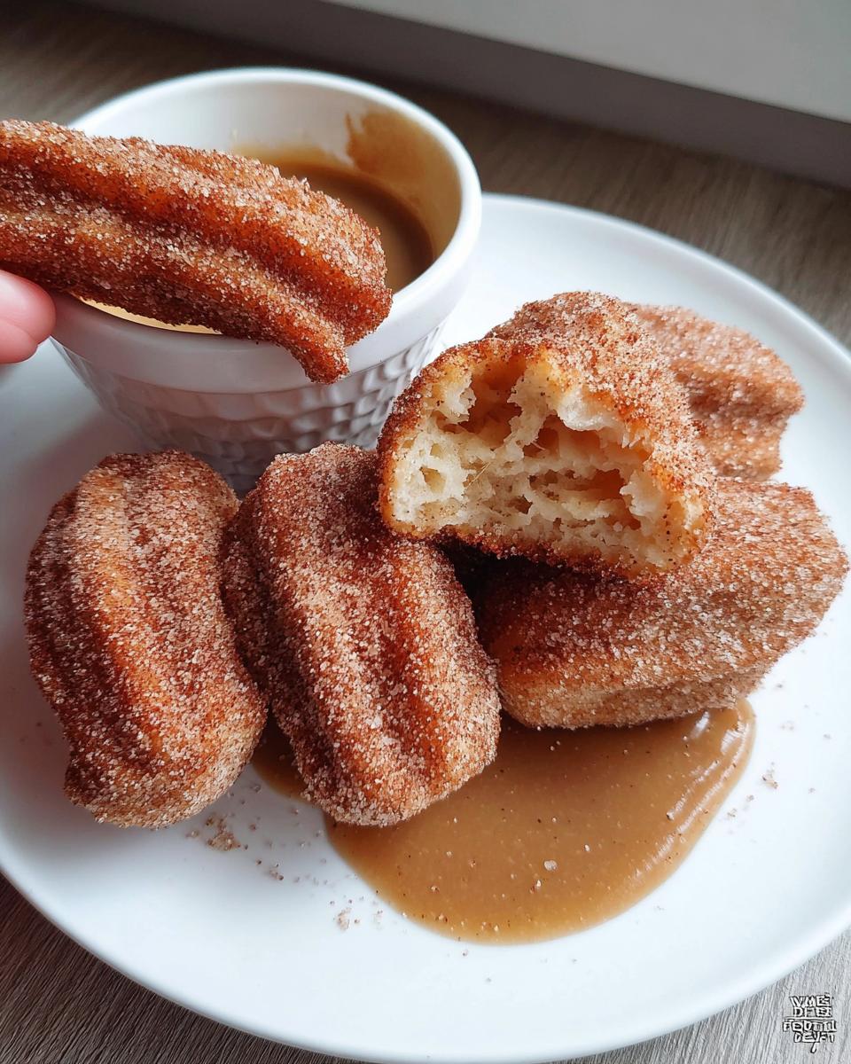 A hand holds a fluffy air fryer churro bite over a small white bowl of dipping sauce, with more churro bites on a plate.