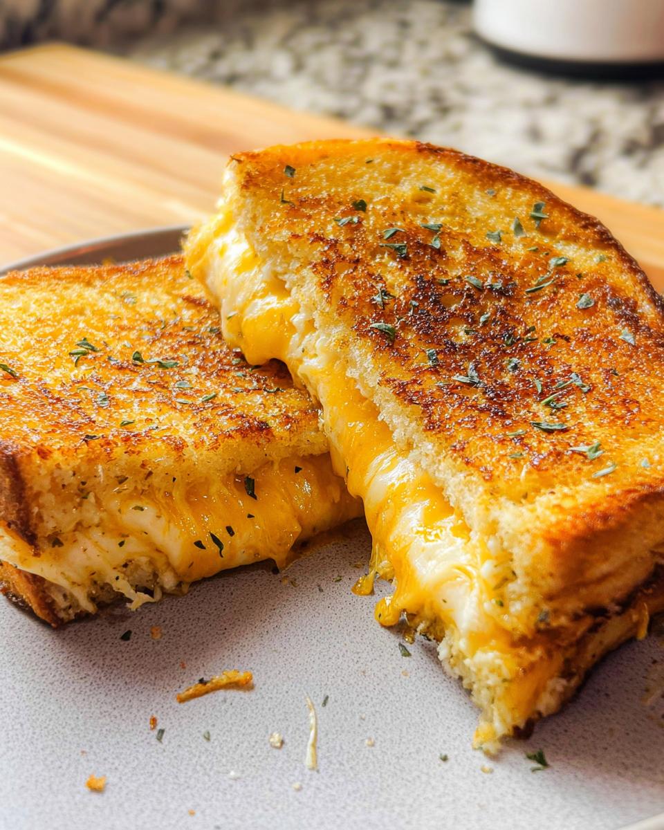 Close-up of a delicious Garlic Bread Grilled Cheese sandwich, cut in half, with melted cheese oozing out.