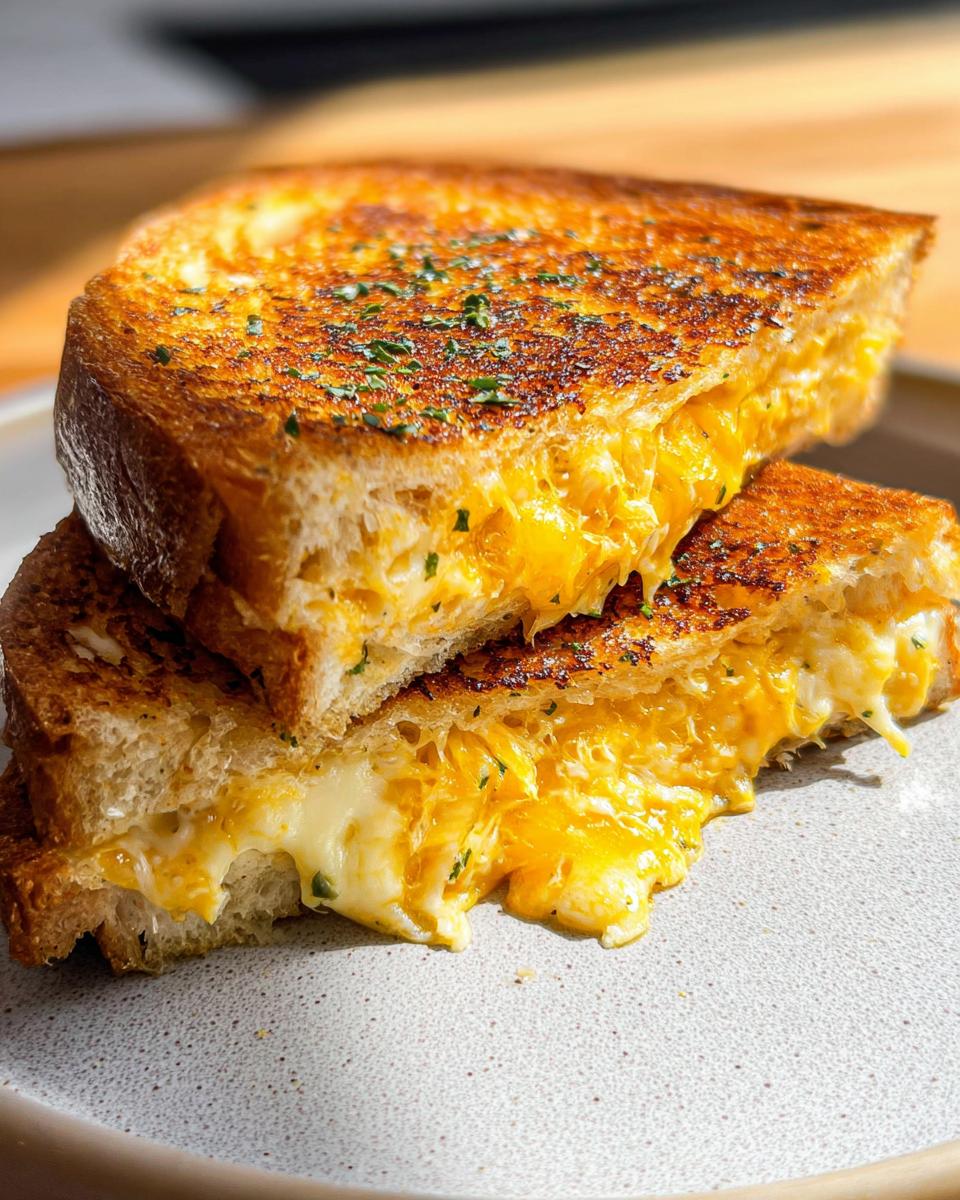 A close-up of a perfectly grilled Garlic Bread Grilled Cheese sandwich, with melted cheese oozing out.