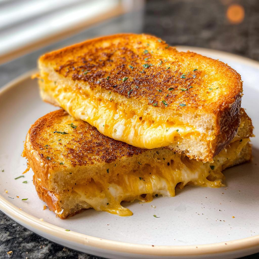 Two halves of a golden-brown Garlic Bread Grilled Cheese sandwich, with gooey melted cheese oozing out.