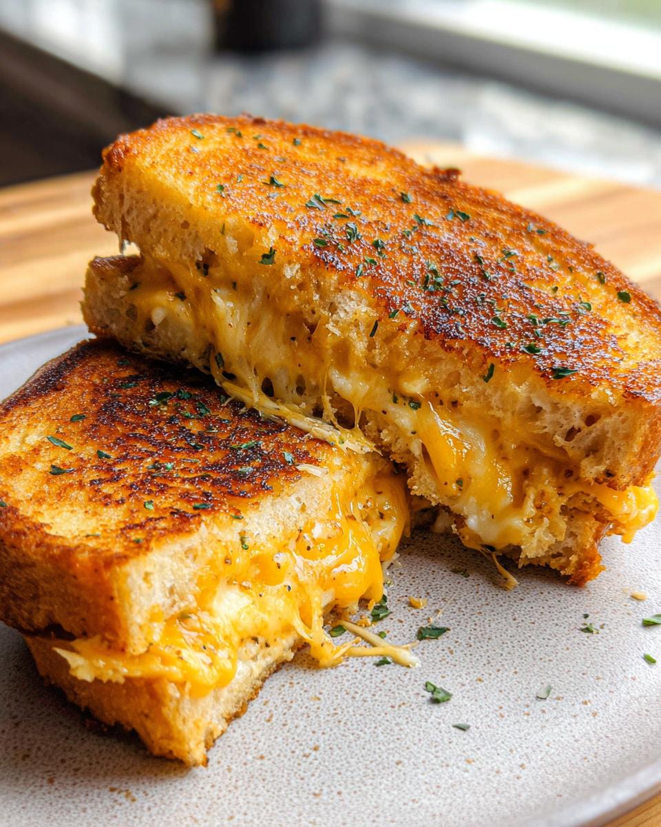 A close-up of a delicious Garlic Bread Grilled Cheese sandwich, with gooey melted cheese oozing out.