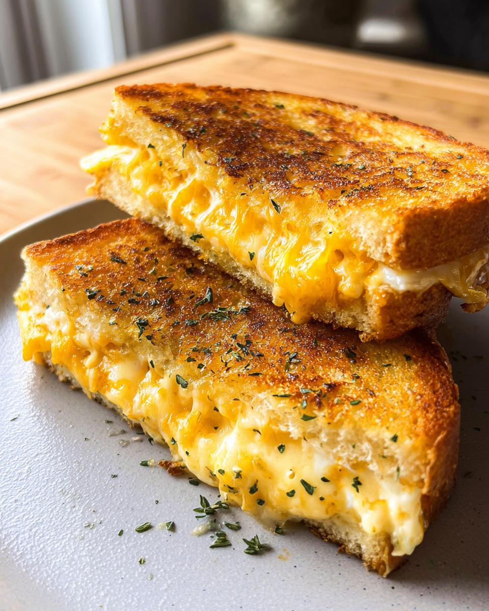 Close-up of a delicious Garlic Bread Grilled Cheese sandwich, oozing with melted cheese and sprinkled with herbs.