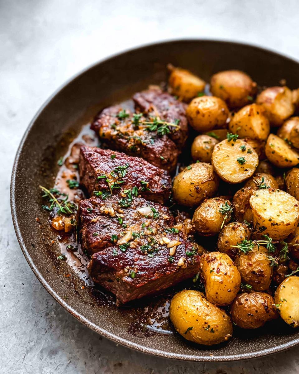 Close-up of Garlic Butter Steak and Potatoes Skillet, featuring juicy steaks and golden potatoes.