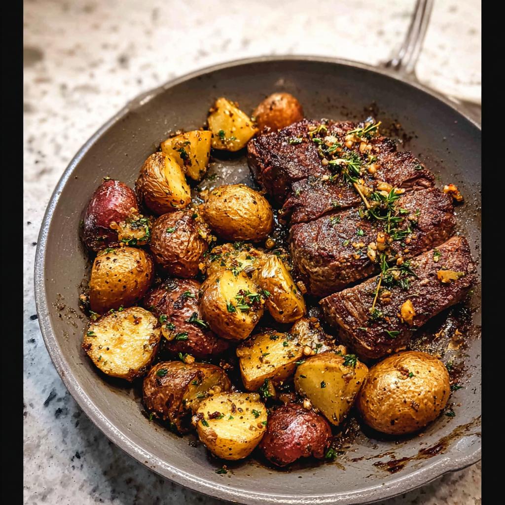 A close-up of a Garlic Butter Steak and Potatoes Skillet, with sliced steak and roasted potatoes in a pan.