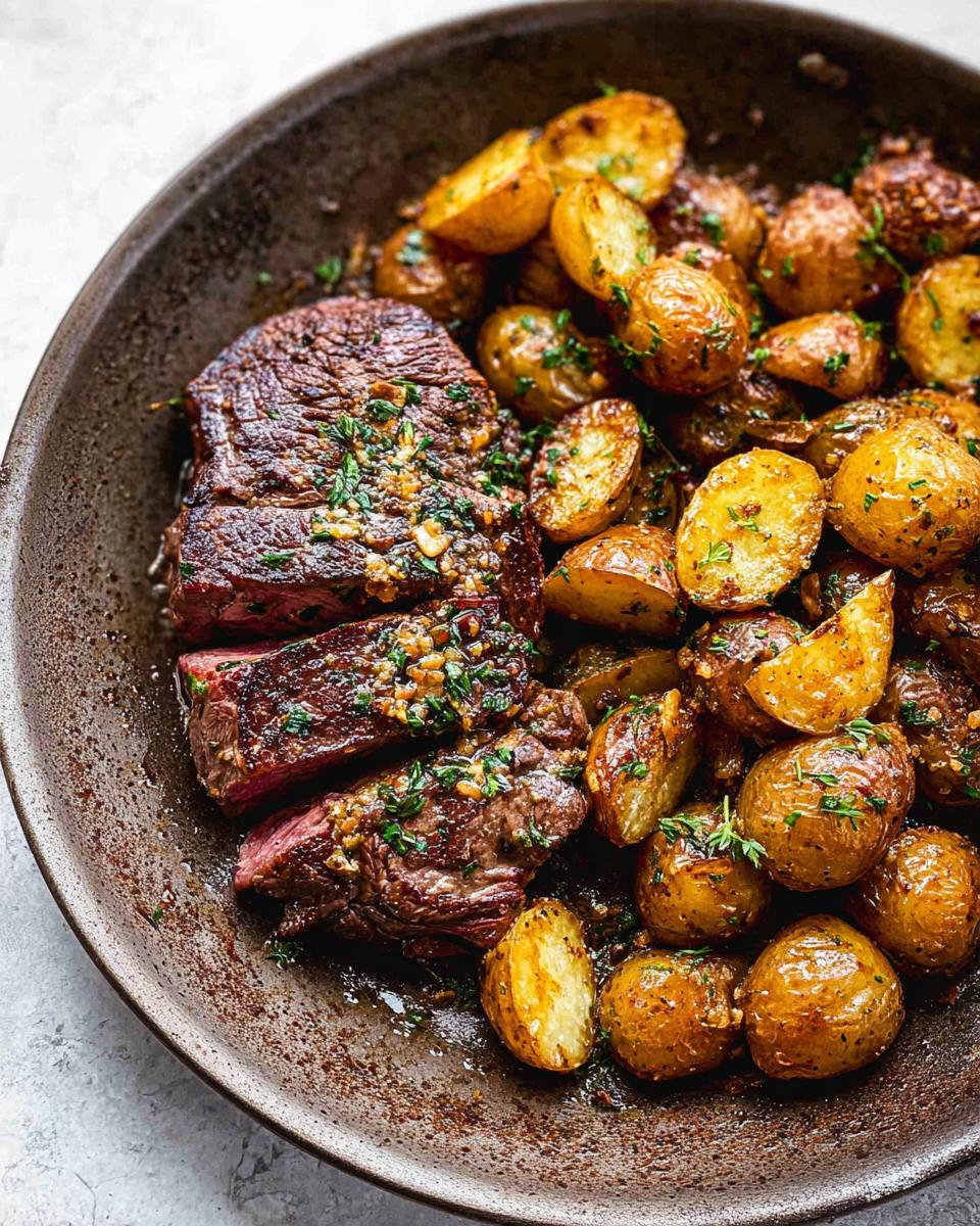 A close-up of a Garlic Butter Steak and Potatoes Skillet, featuring sliced steak with garlic butter sauce and roasted baby potatoes.