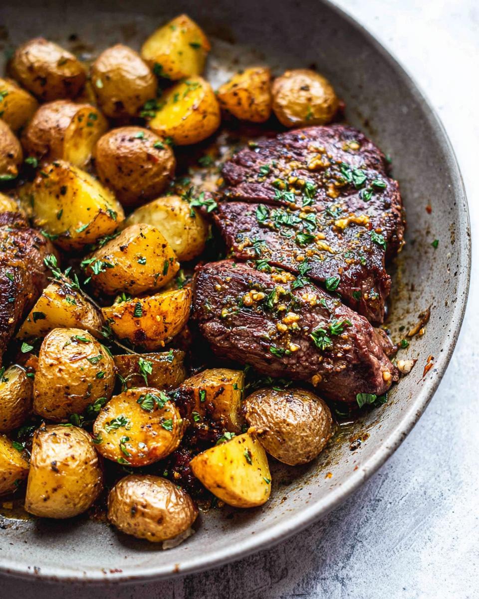 Close-up of a skillet filled with juicy garlic butter steak and golden roasted potatoes, garnished with fresh parsley.