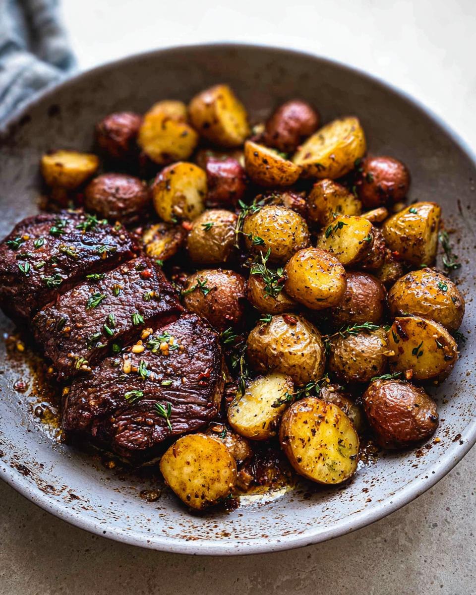 Close-up of a Garlic Butter Steak and Potatoes Skillet, featuring seared steak and roasted baby potatoes with herbs.