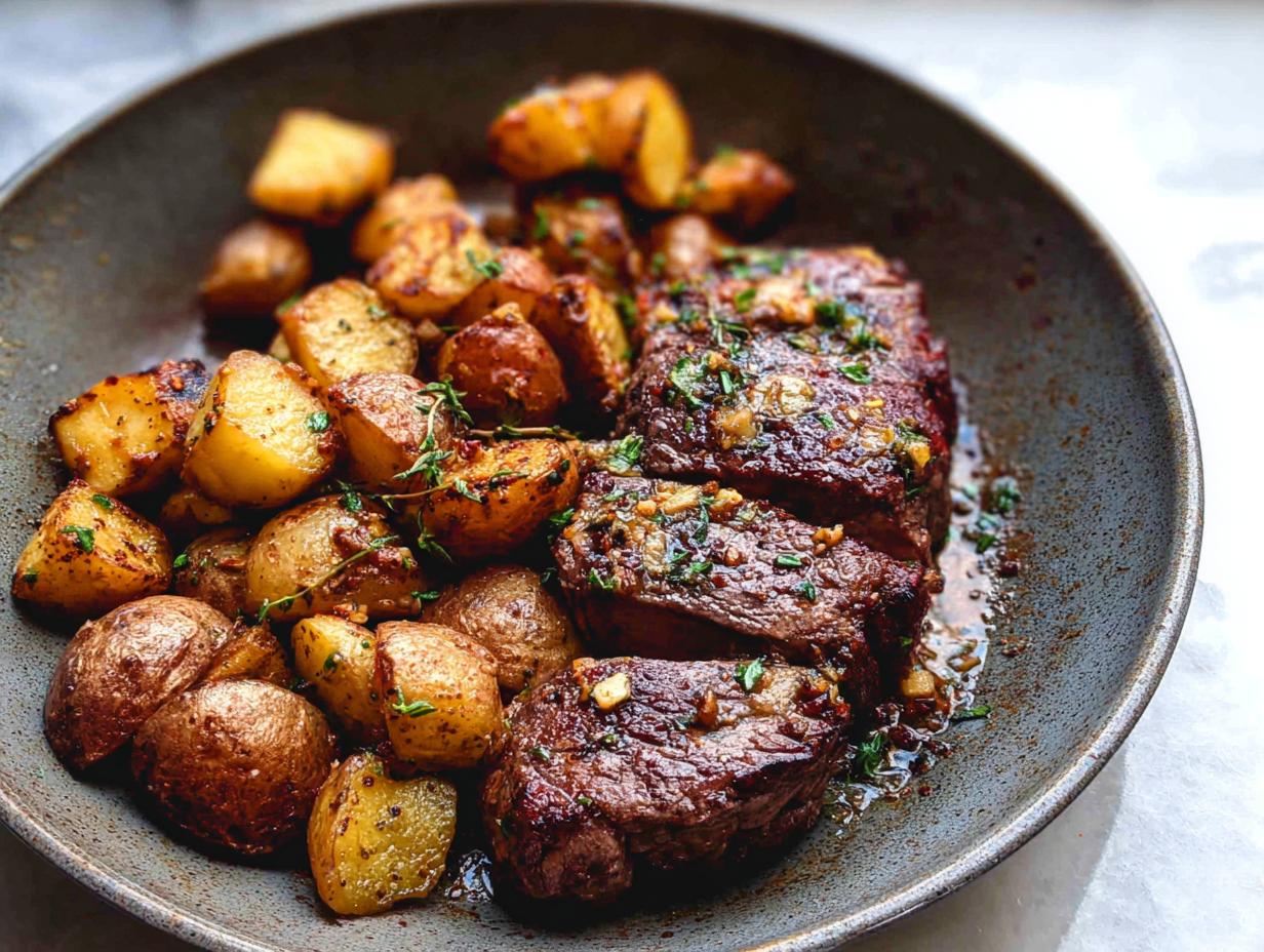 Close-up of a Garlic Butter Steak and Potatoes Skillet, featuring sliced steak with garlic and herbs, and roasted potatoes.