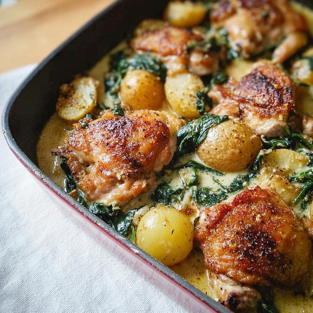 A close-up of Garlic Parmesan Chicken Thighs and Potatoes baked in a creamy sauce with spinach.