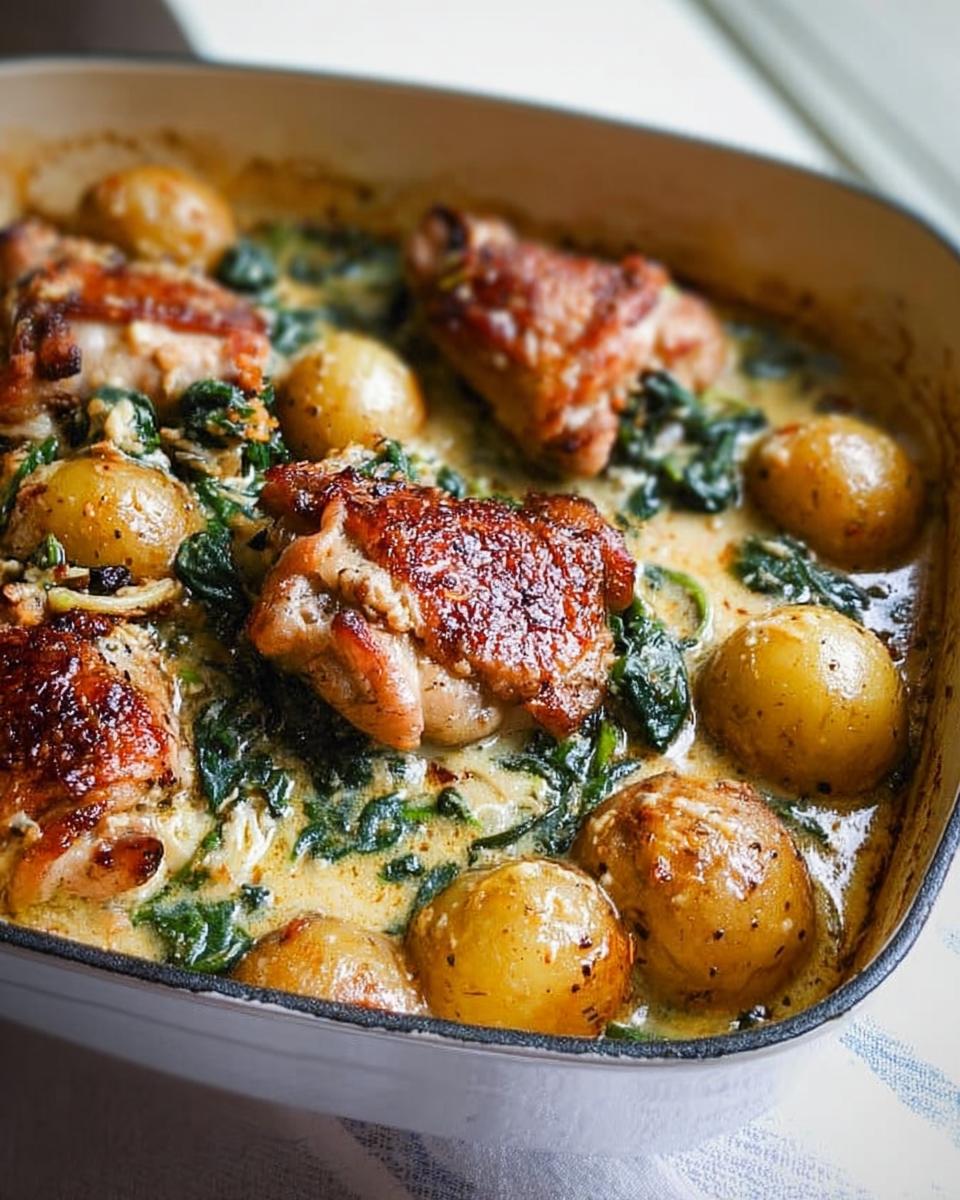 A close-up of a baking dish filled with Garlic Parmesan Chicken Thighs and Potatoes in a creamy sauce with spinach.