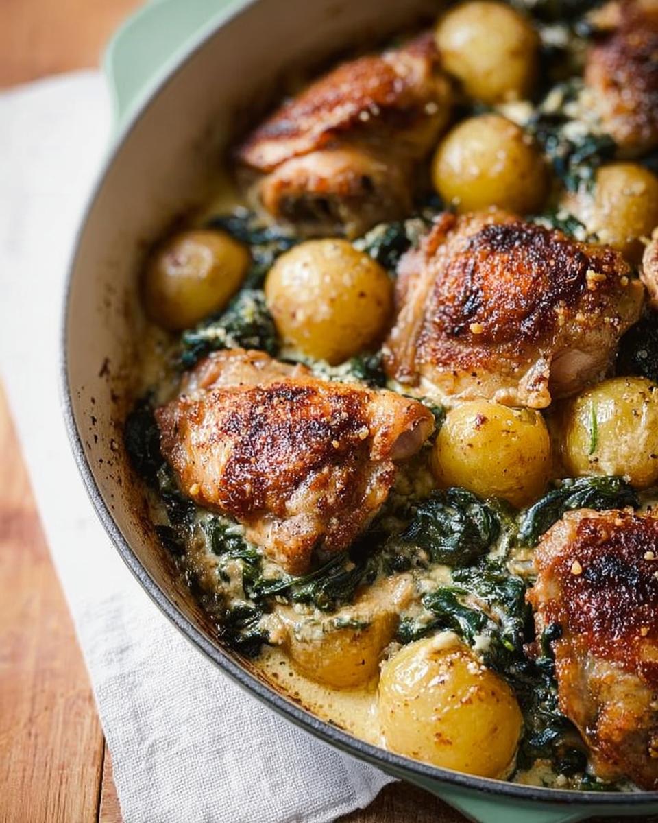 Close-up of baked Garlic Parmesan Chicken Thighs and Potatoes in a creamy sauce with spinach.