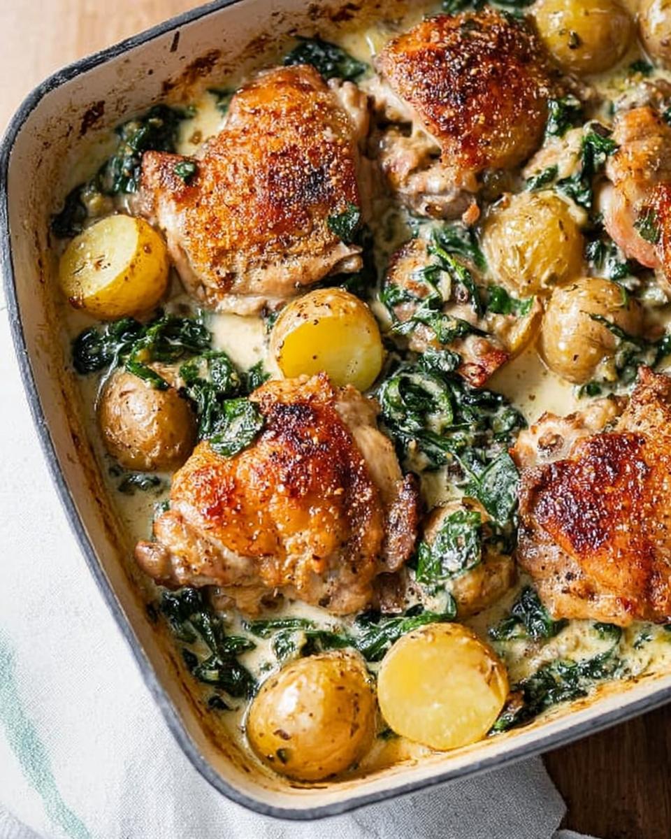 Golden brown Garlic Parmesan Chicken Thighs and Potatoes baked in a creamy sauce with spinach.