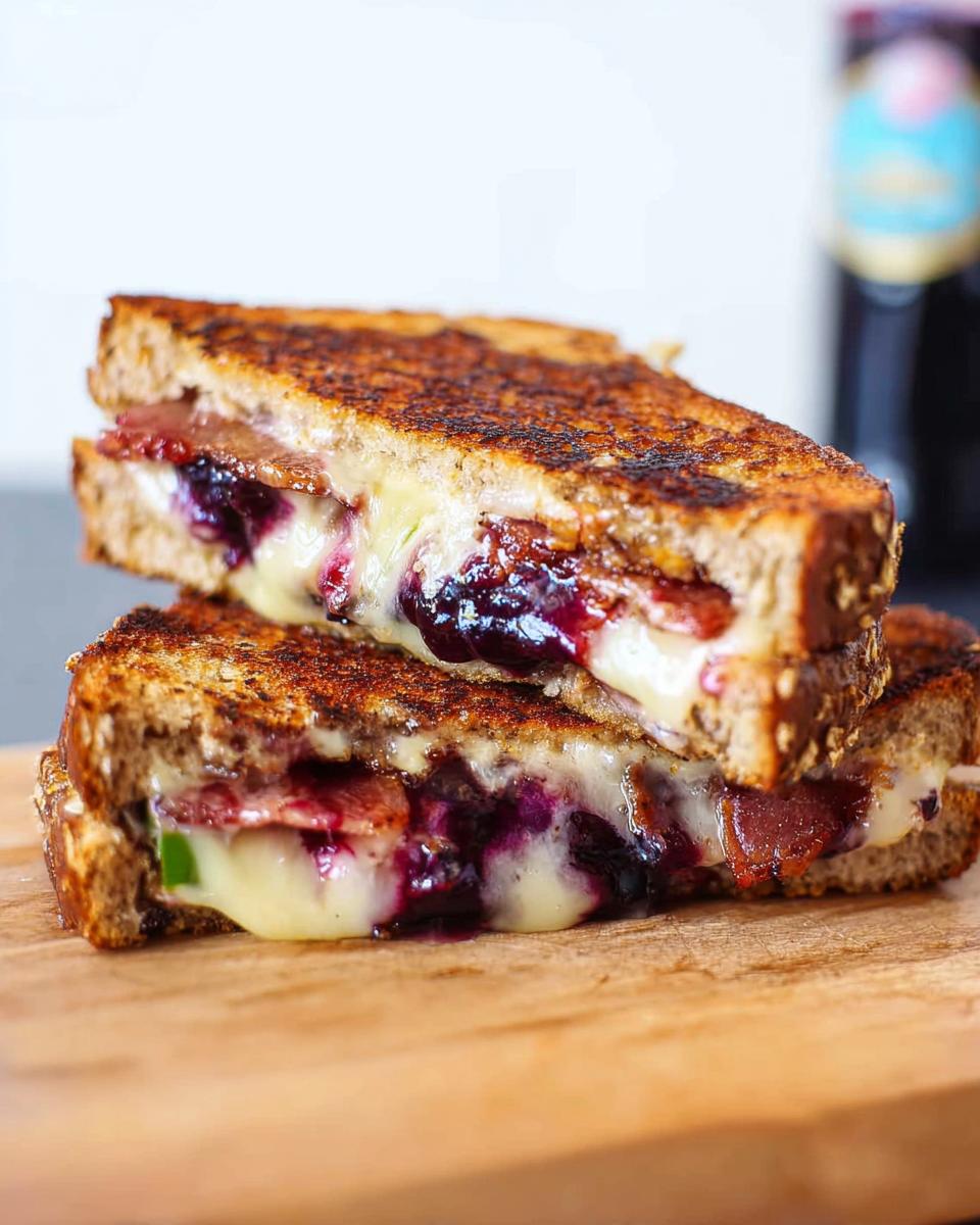 A stack of two halves of a gourmet blueberry grilled cheese sandwich with melted cheese and bacon.