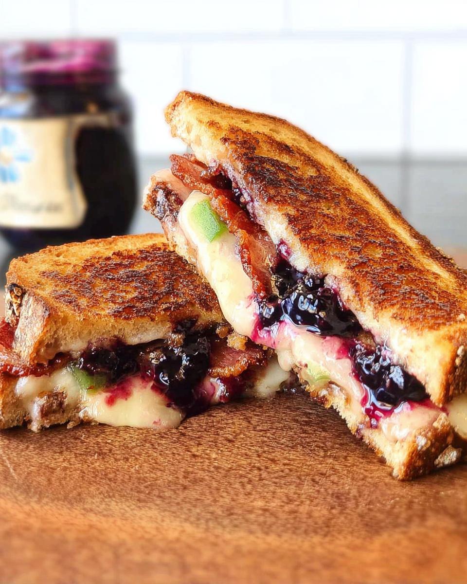 Close-up of a gourmet blueberry grilled cheese sandwich cut in half, showing melted cheese, bacon, and blueberry filling.