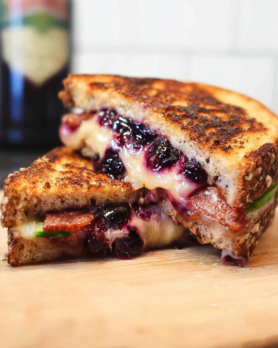 A close-up of a gourmet blueberry grilled cheese sandwich, cut in half, showing melted cheese, blueberries, and bacon.