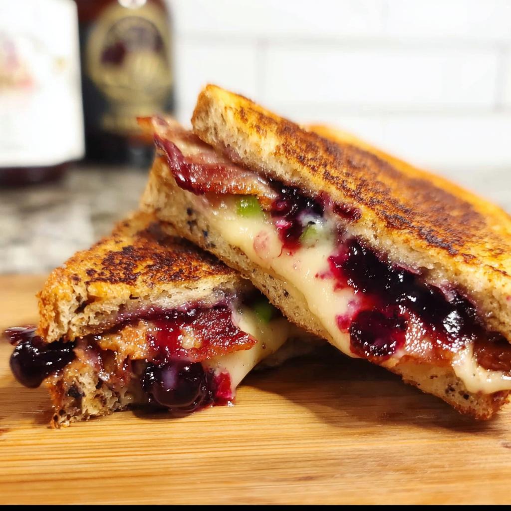 A close-up of a gourmet blueberry grilled cheese sandwich, cut in half, showing melted cheese, blueberries, and bacon.