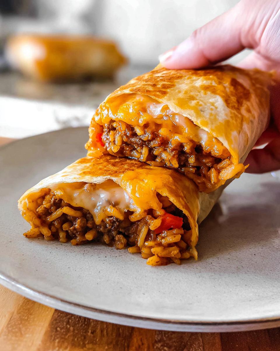 A close-up of a Grilled Cheese Burrito Made Easy, cut in half, revealing a cheesy, meaty, and rice-filled interior.