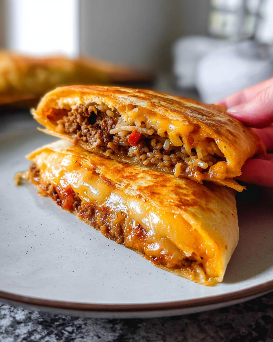A close-up of a Grilled Cheese Burrito Made Easy, cut in half, revealing seasoned ground beef, rice, and melted cheese.