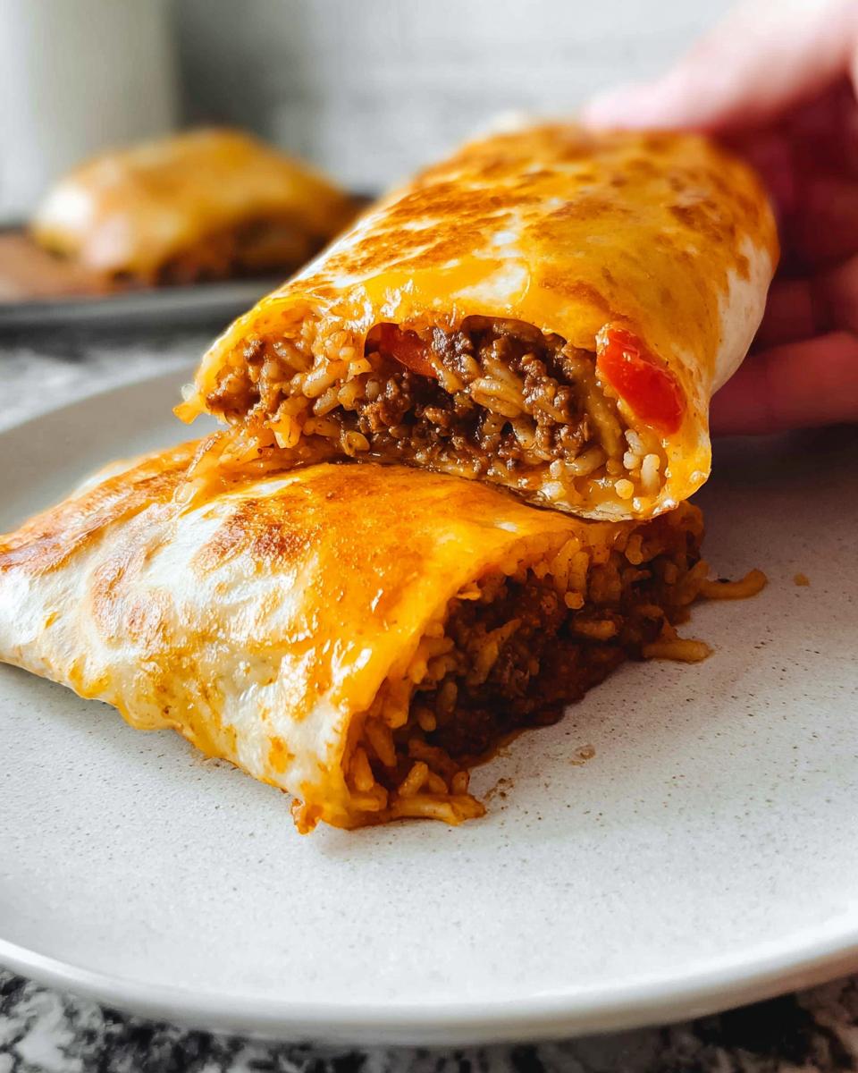 A close-up of a grilled cheese burrito made easy, cut in half to show the savory meat and rice filling.