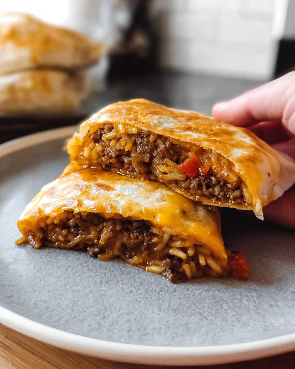 A close-up view of a Grilled Cheese Burrito Made Easy, cut in half, showing the savory ground beef and rice filling.