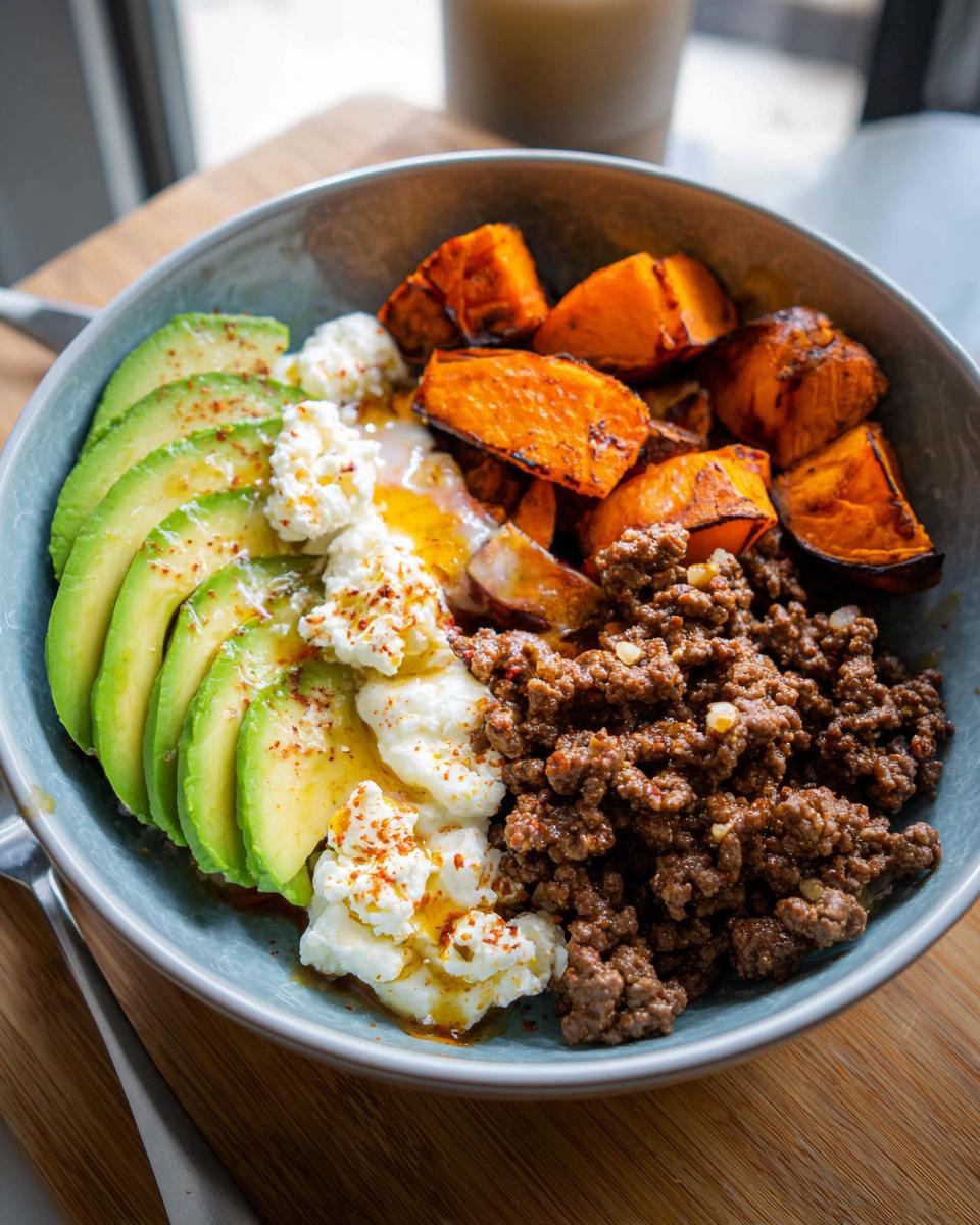 A vibrant Ground Beef Hot Honey Bowl featuring seasoned ground beef, sliced avocado, roasted sweet potato, and crumbled cheese.