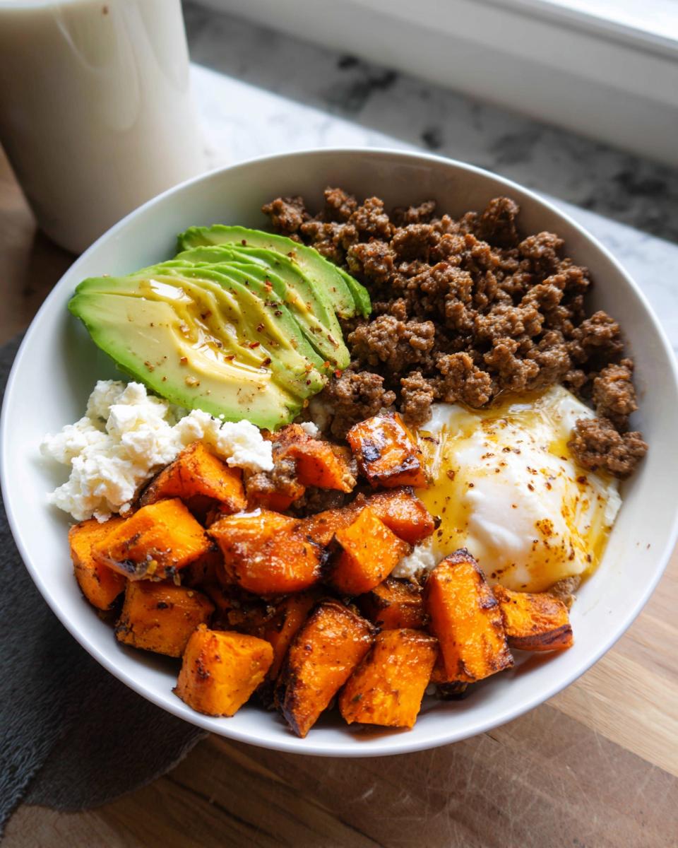 A close-up of a Ground Beef Hot Honey Bowl featuring seasoned ground beef, roasted sweet potatoes, sliced avocado, and a fried egg.