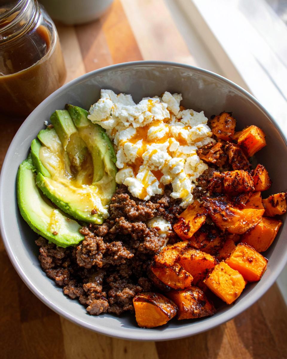 A delicious Ground Beef Hot Honey Bowl featuring seasoned ground beef, roasted sweet potatoes, fresh avocado slices, and crumbled cheese.