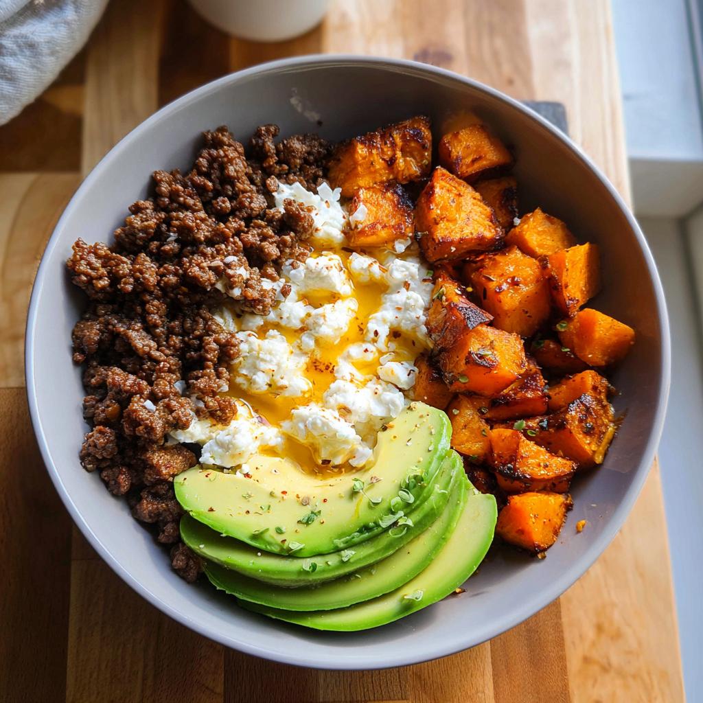 A delicious Ground Beef Hot Honey Bowl featuring seasoned ground beef, cottage cheese, roasted sweet potatoes, and avocado slices.