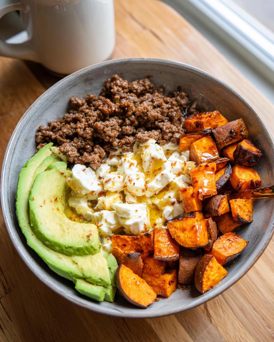 A close-up of a Ground Beef Hot Honey Bowl featuring seasoned ground beef, roasted sweet potato cubes, sliced avocado, and crumbled feta cheese drizzled with honey.