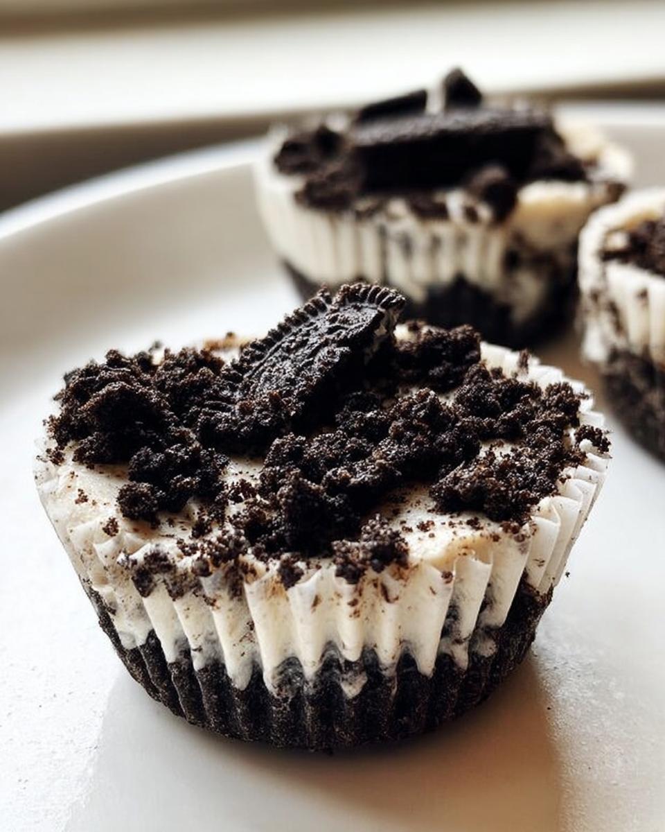 Close-up of a Healthy No-Bake Oreo Cheesecake Bite topped with crushed Oreos and a piece of Oreo cookie.