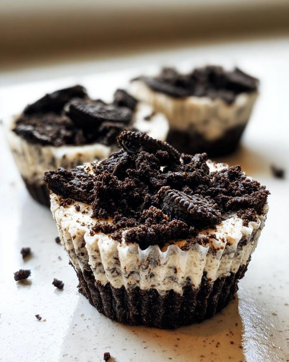 Close-up of a Healthy No-Bake Oreo Cheesecake Bite topped with crushed Oreos.