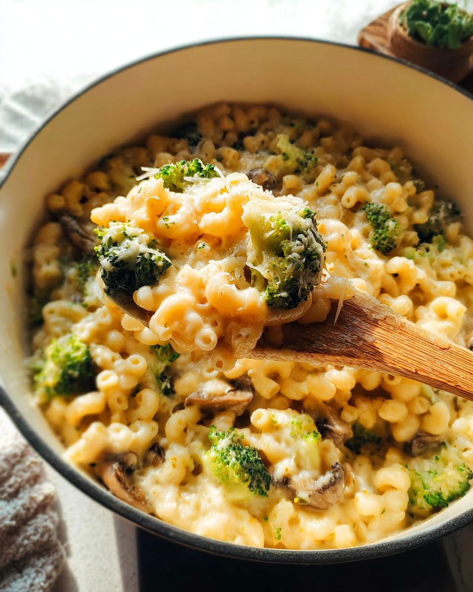 A spoonful of creamy Healthy One Pot Broccoli Mac & Cheese with tender broccoli florets and pasta.