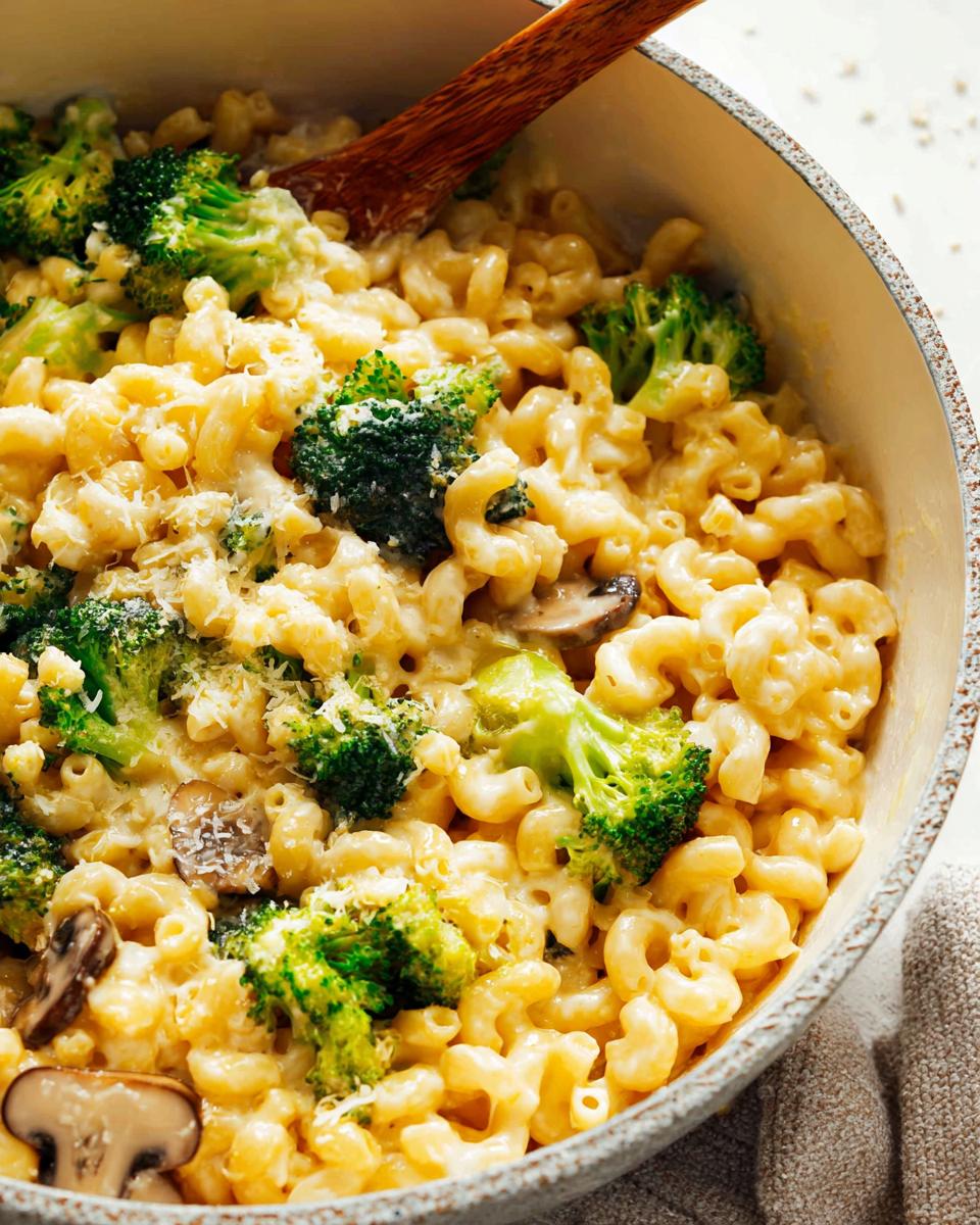 Close-up of Healthy One Pot Broccoli Mac & Cheese in a pot with a wooden spoon.