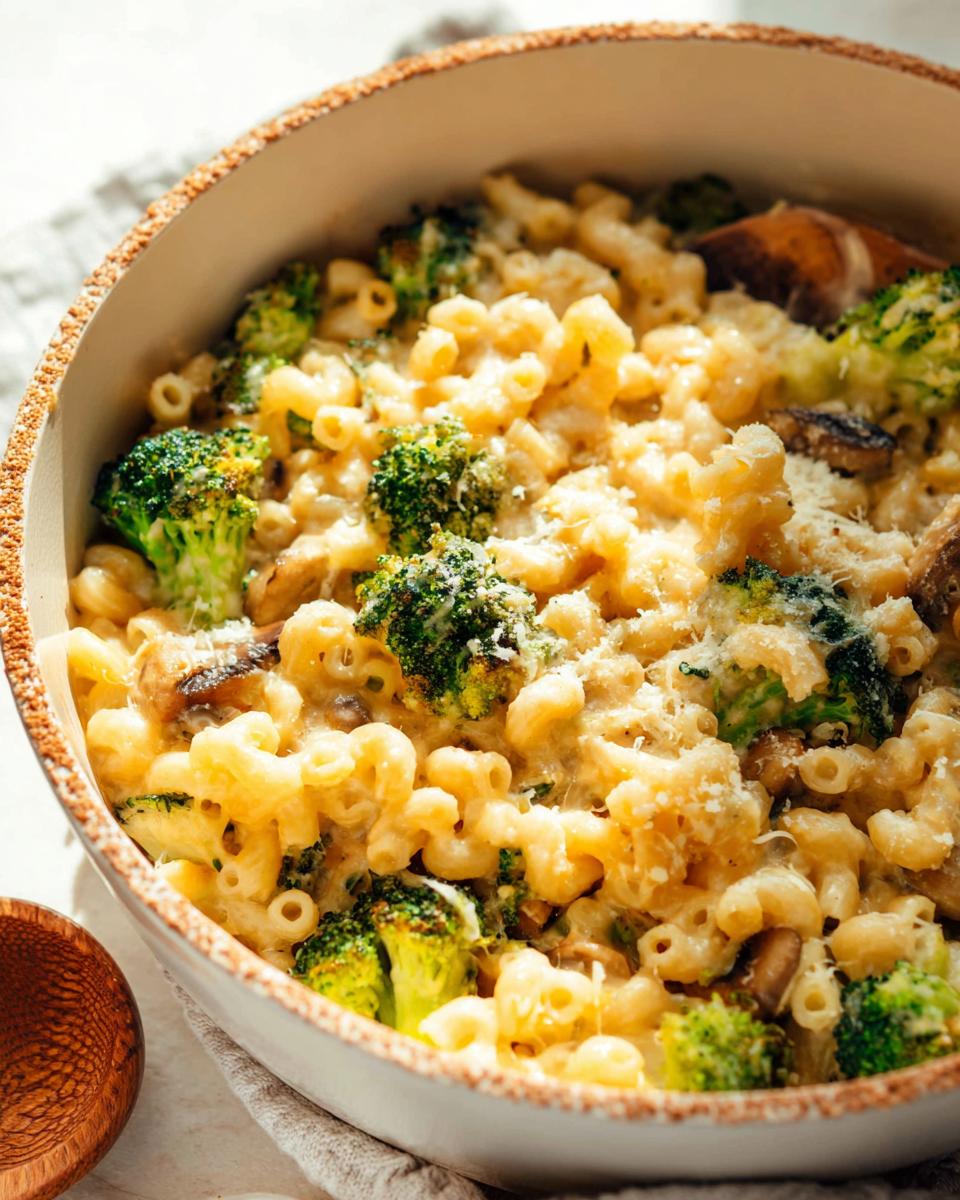 A close-up of Healthy One Pot Broccoli Mac & Cheese in a rustic bowl, topped with grated cheese.
