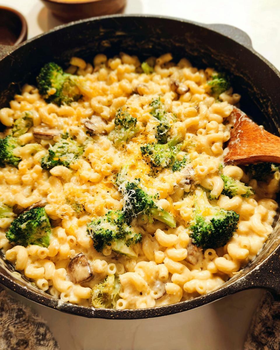A close-up view of Healthy One Pot Broccoli Mac & Cheese in a pot, showing elbow macaroni, broccoli florets, and melted cheese.