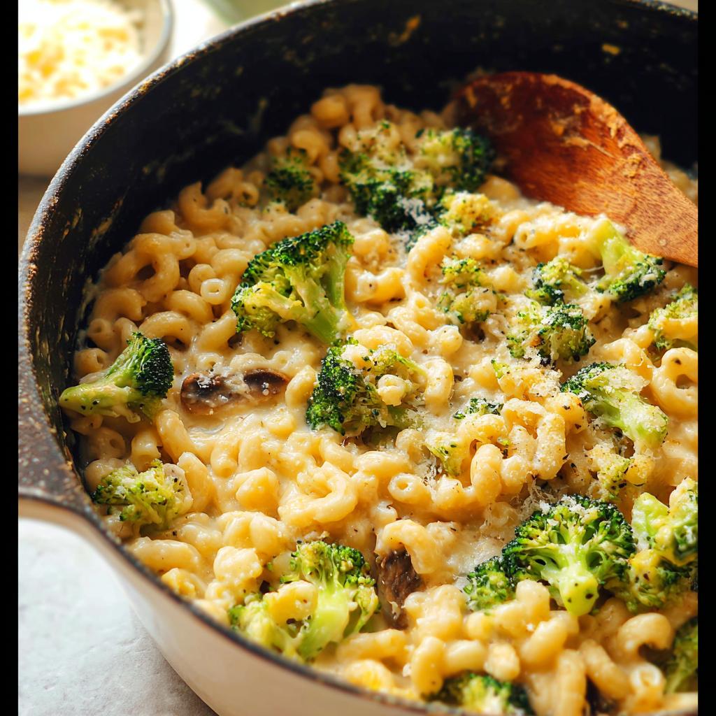 Close-up of a pot filled with creamy Healthy One Pot Broccoli Mac & Cheese, featuring elbow pasta and vibrant broccoli florets.