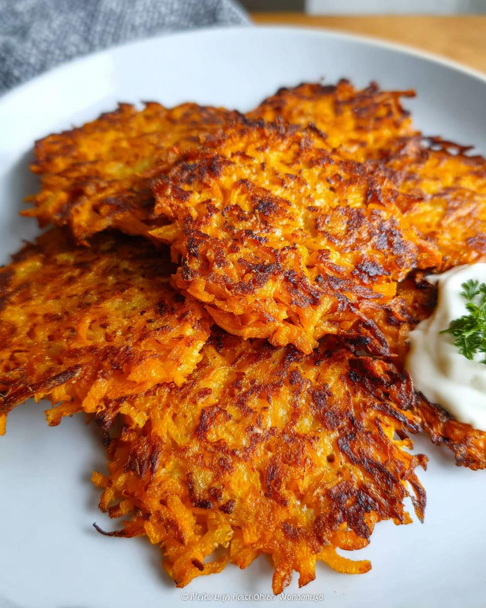 A pile of golden-brown, crispy Healthy Sweet Potato Hash Browns served with a dollop of sour cream and a sprig of parsley.