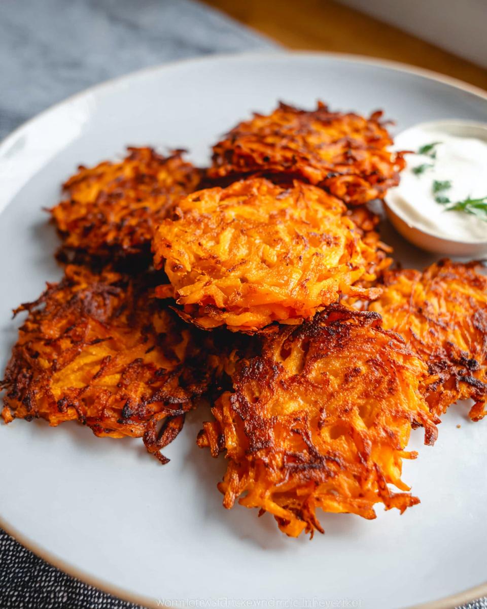 A pile of golden-brown, crispy Healthy Sweet Potato Hash Browns on a white plate with a small dish of sour cream.