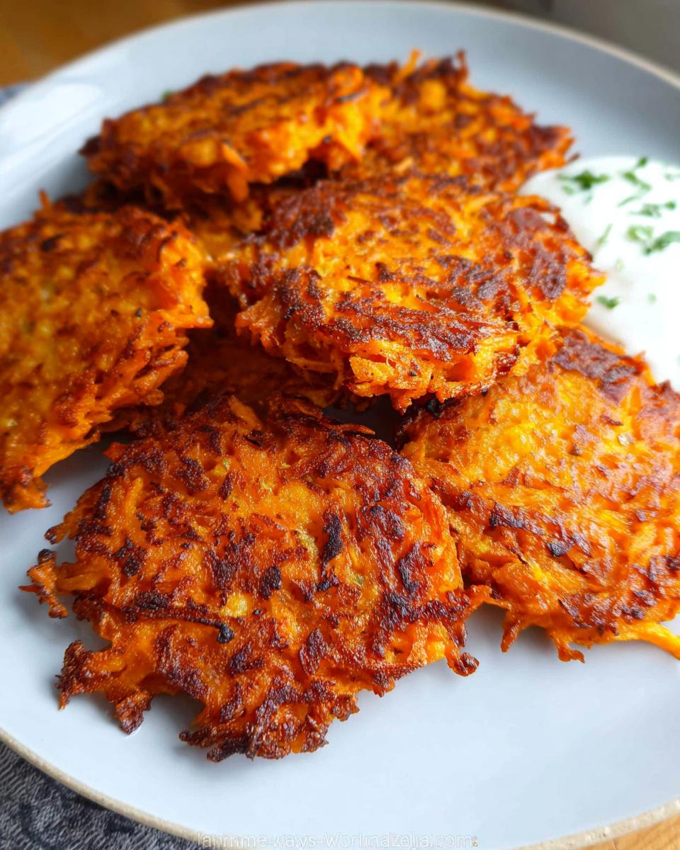 A plate of crispy, golden brown Healthy Sweet Potato Hash Browns served with a dollop of white sauce and herbs.