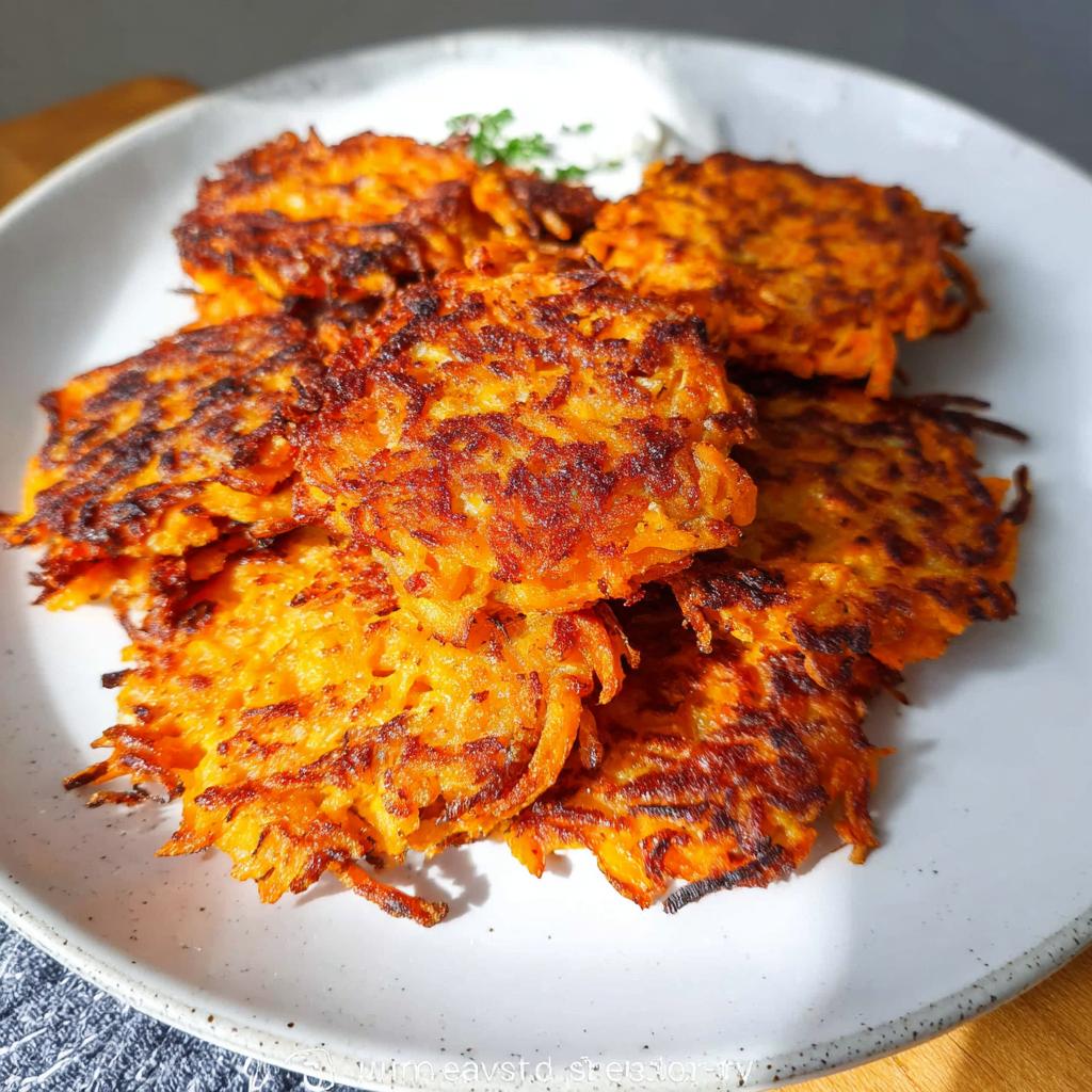 A plate of crispy, golden-brown Healthy Sweet Potato Hash Browns, served with a dollop of sour cream and parsley.