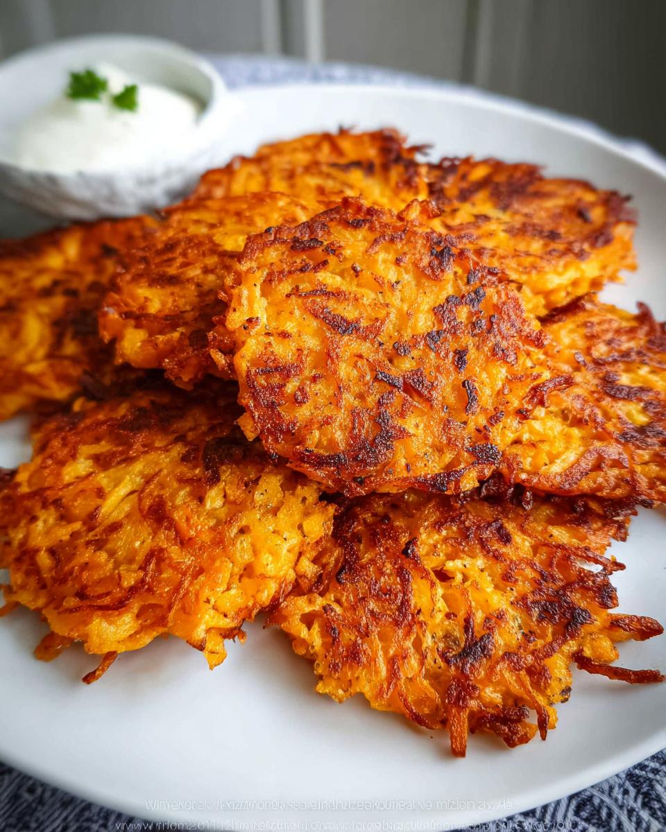 A pile of golden-brown, crispy Healthy Sweet Potato Hash Browns served on a white plate with a side of sour cream.