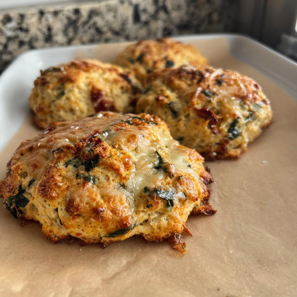 Close-up of golden-brown High Protein Breakfast Biscuits topped with melted cheese and visible greens.