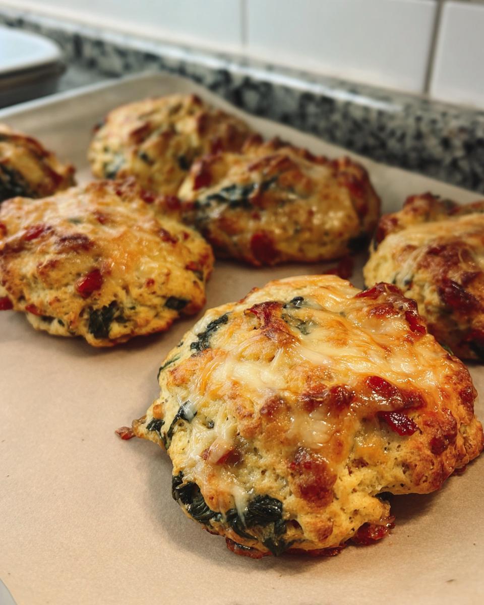 Close-up of delicious High Protein Breakfast Biscuits topped with melted cheese and visible spinach.