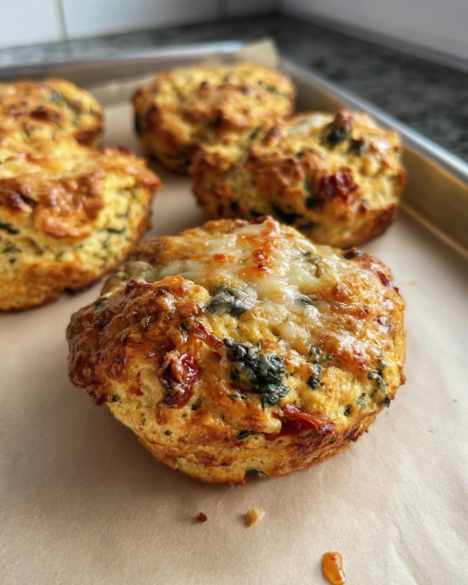 Close-up of golden-brown High Protein Breakfast Biscuits topped with melted cheese and visible spinach and sun-dried tomatoes.